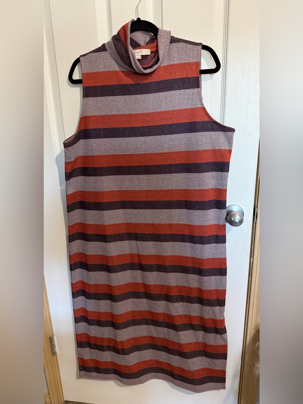 Loft Sleeveless Striped Turtleneck Knit Dress in Rust, Mauve & Charcoal